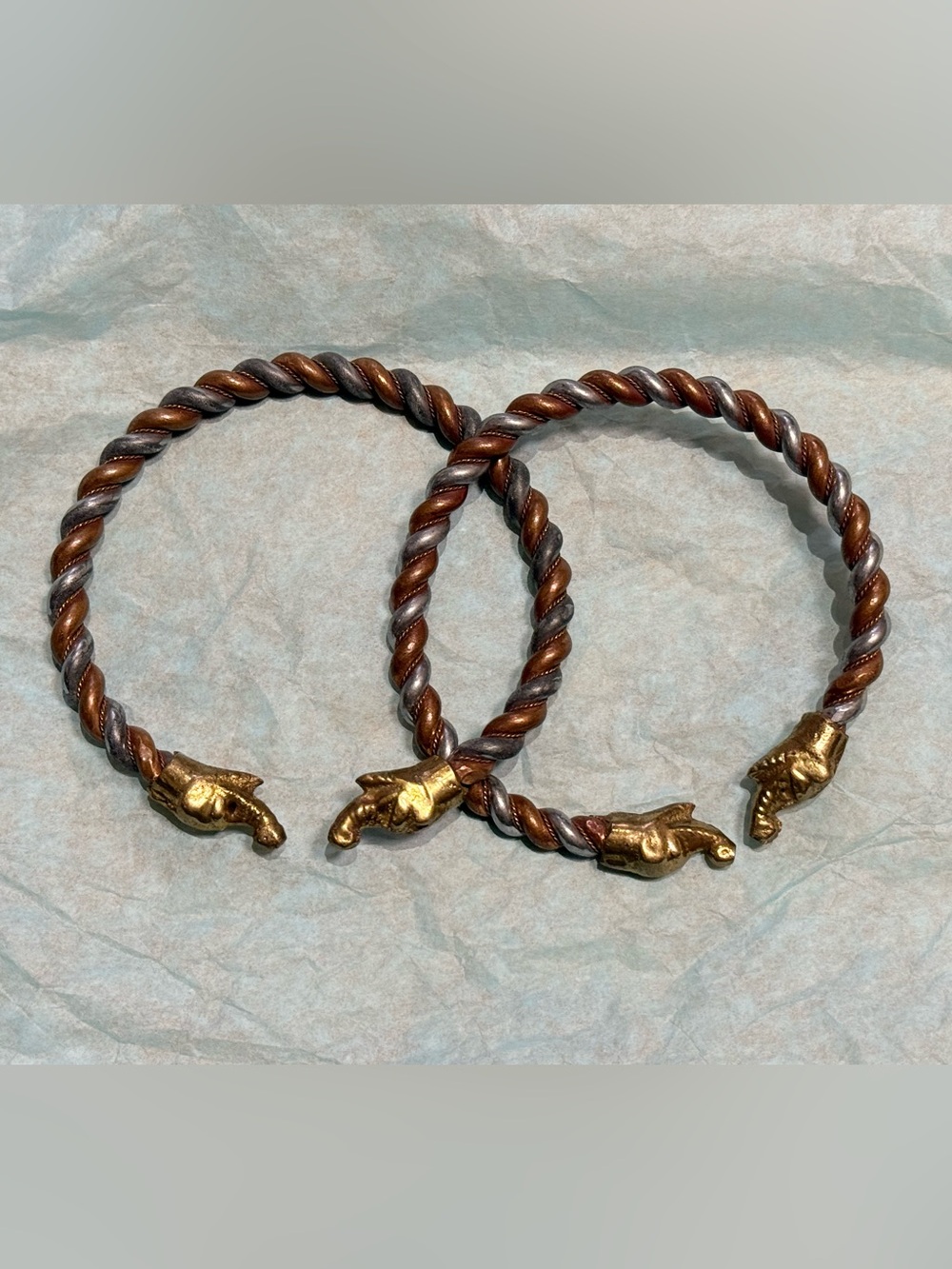 Vintage Tri-Tone Elephant Head Mixed Metal Cuff Bracelets Set of 2 OS